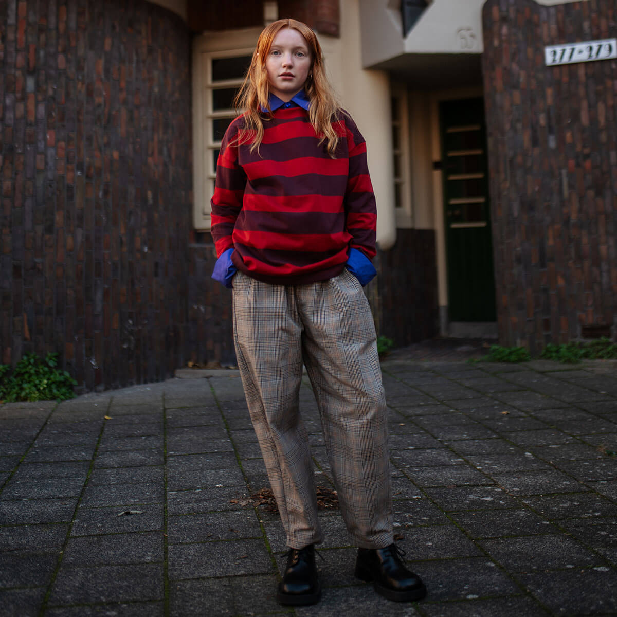 Boxy Sweater in Rusty Mulberry Block Stripe by Repose AMS