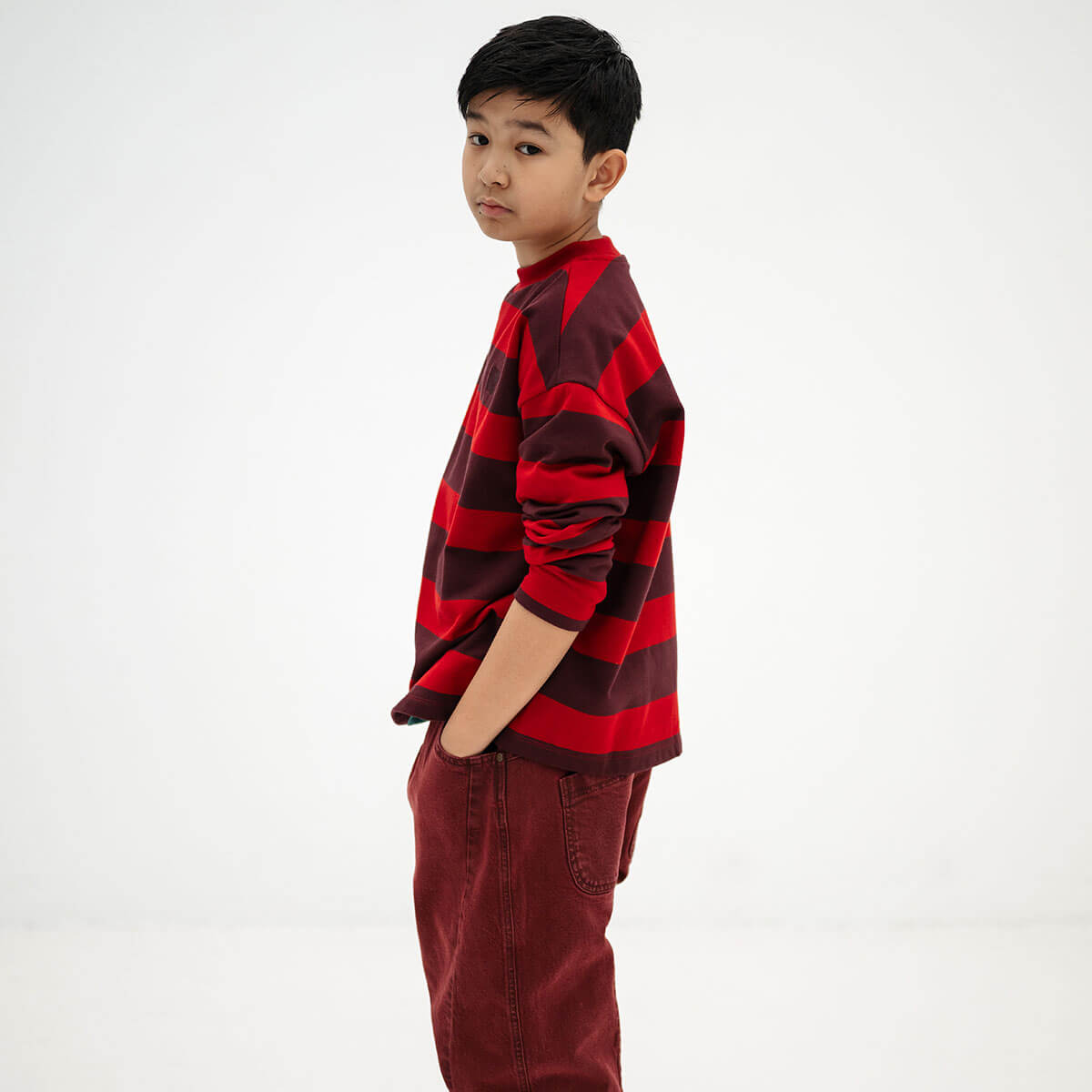 Boxy Sweater in Rusty Mulberry Block Stripe by Repose AMS