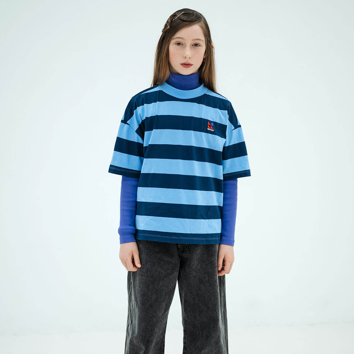 Boxy Tee in Horizon Dark Eclipse Block Stripe by Repose AMS