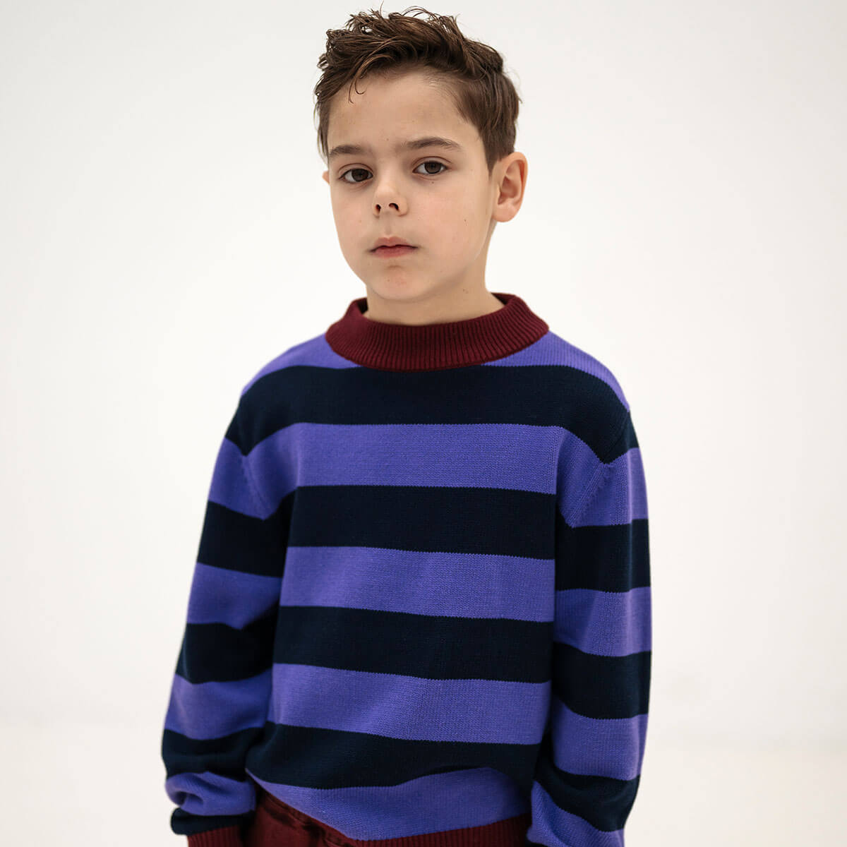 Knit Crew Sweater in Orchid Blue Block Stripe by Repose AMS