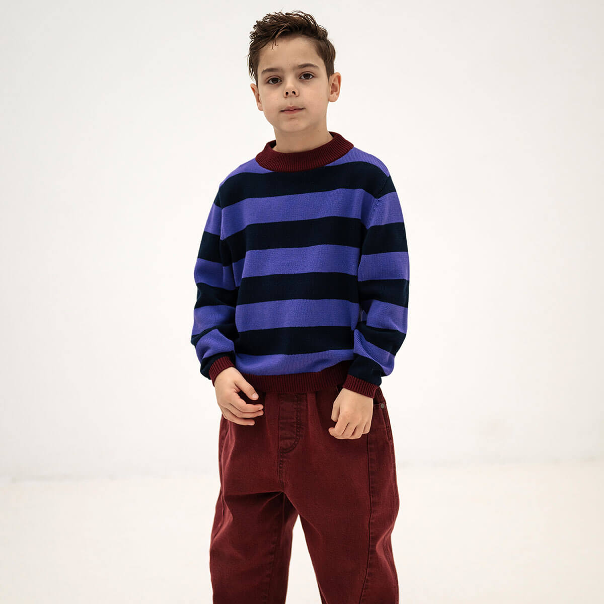 Knit Crew Sweater in Orchid Blue Block Stripe by Repose AMS