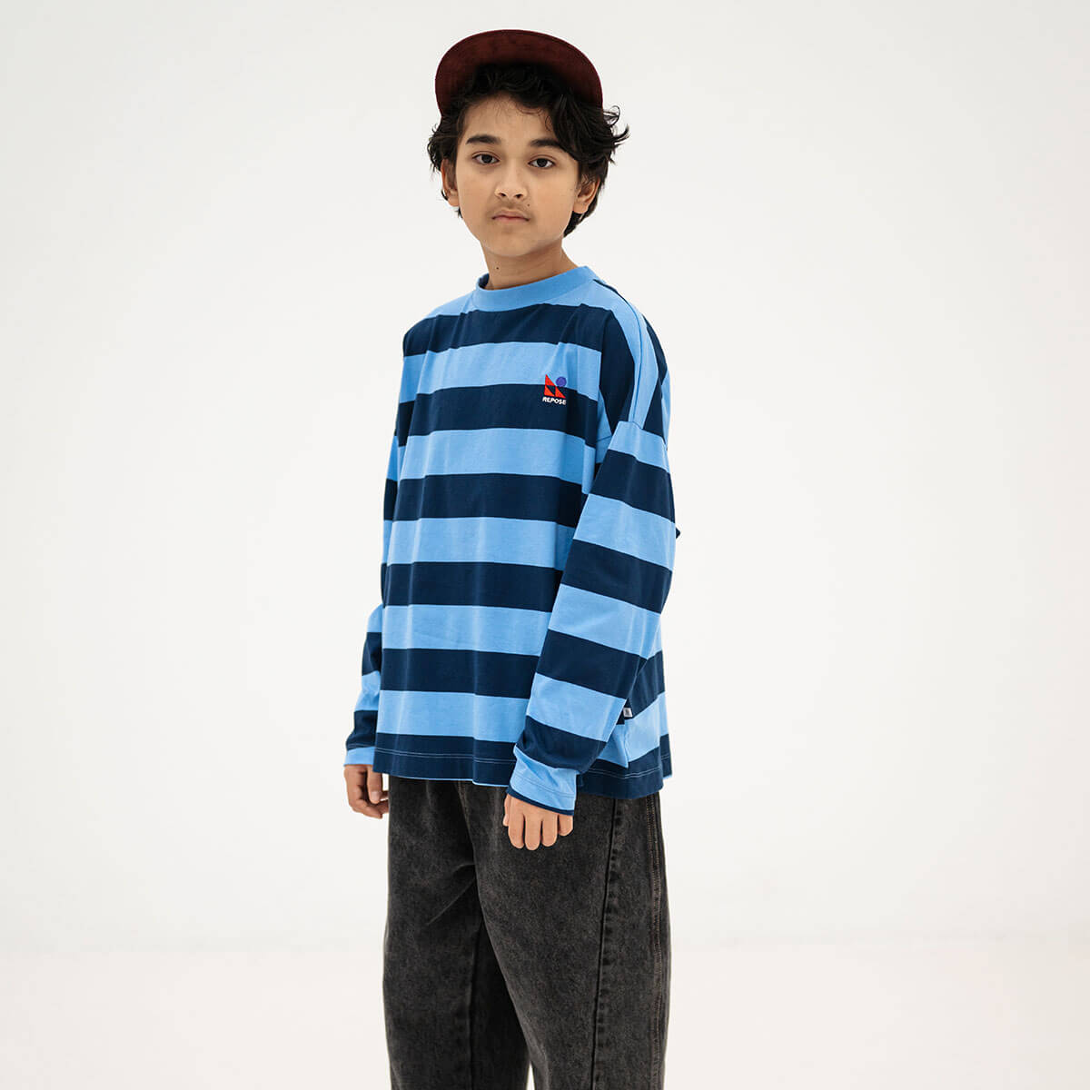 Wide Cut Long Tee in Horizon Dark Eclipse Block Stripe by Repose AMS