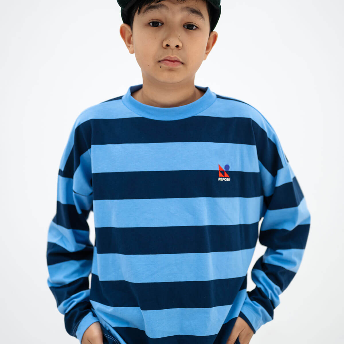 Wide Cut Long Tee in Horizon Dark Eclipse Block Stripe by Repose AMS