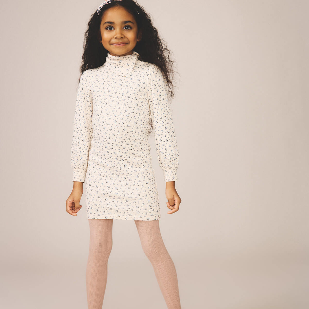 Pouf Turtleneck Dress in Calico Print / Powder by Soor Ploom