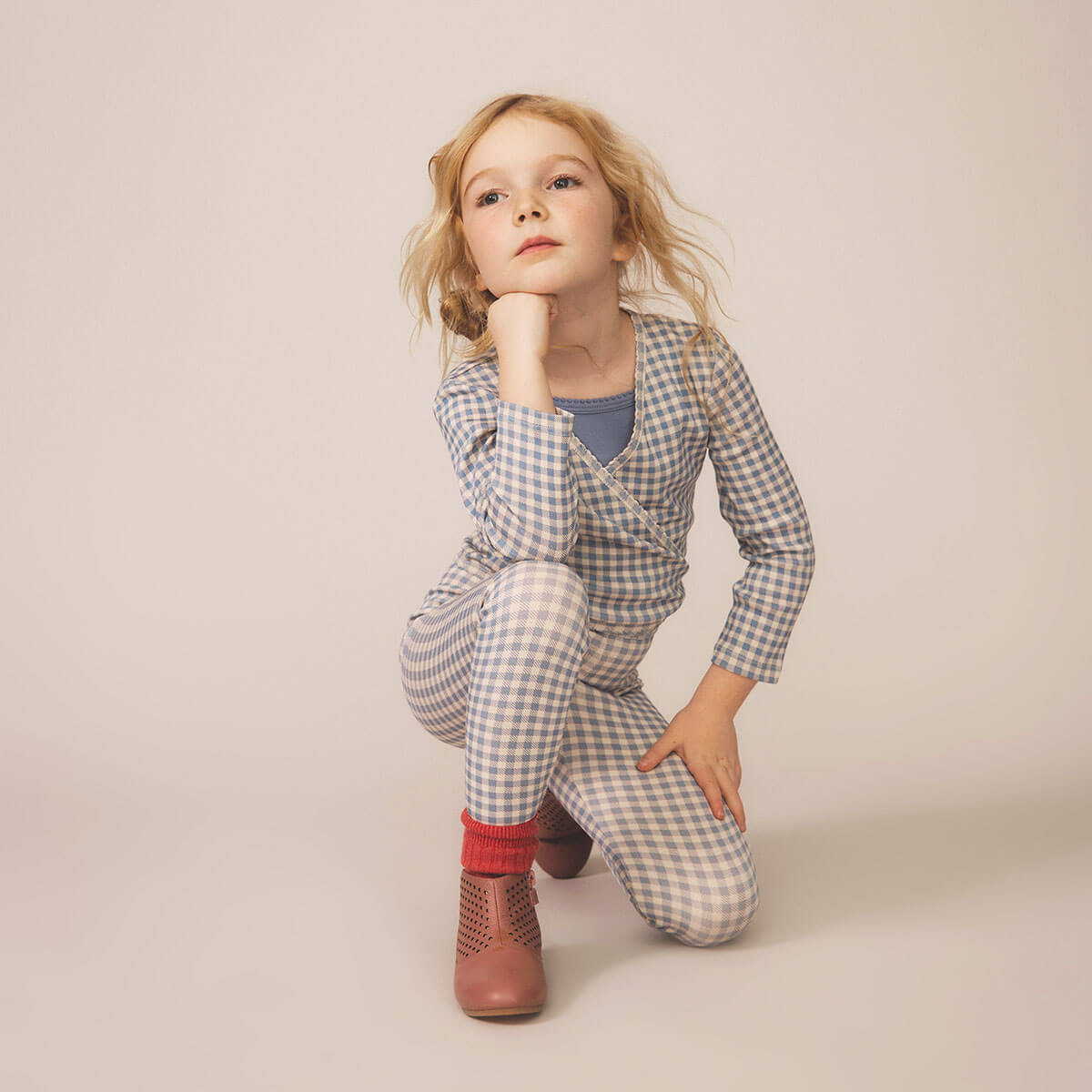 Wrap Tee in Gingham Print / Powder by Soor Ploom