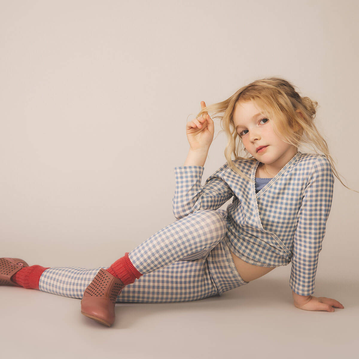 Wrap Tee in Gingham Print / Powder by Soor Ploom
