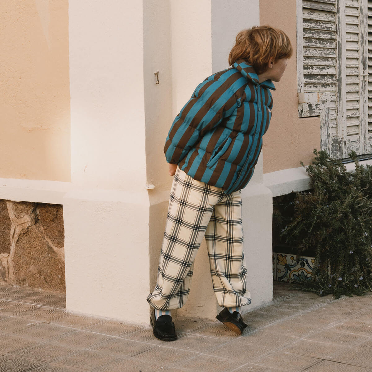 Blue Cacao Stripes Short Padded Jacket in Dark Cyan by Tinycottons