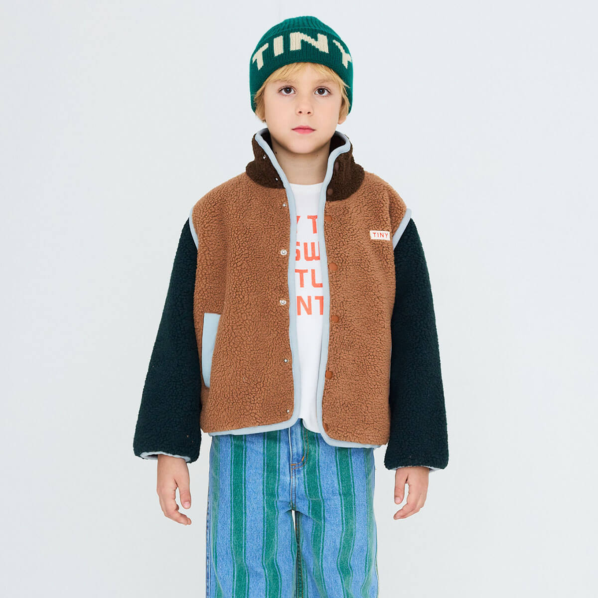 Color Block Sherpa Jacket in Light Brown by Tinycottons