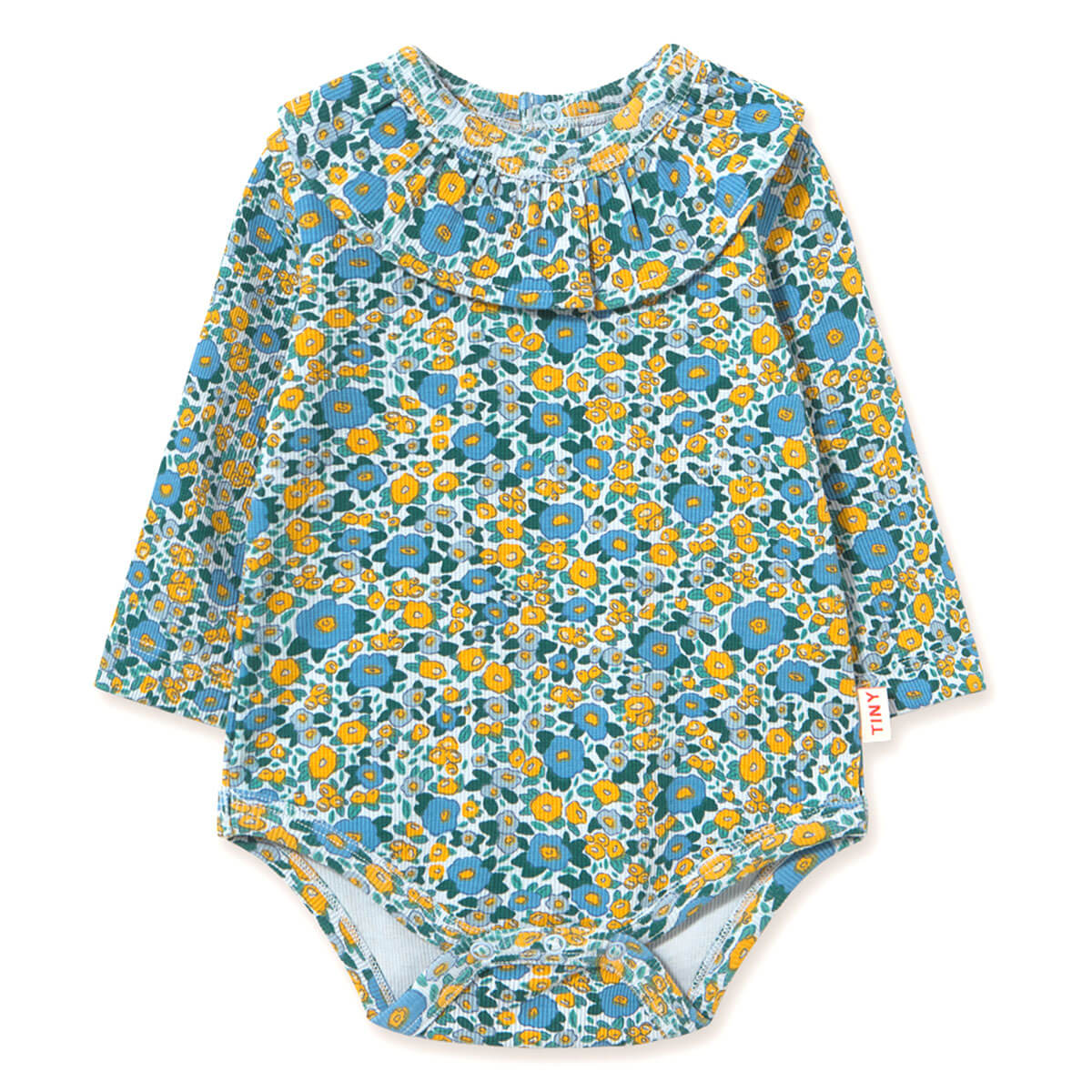 Flower Pattern Rib Baby Body in Washed Blue by Tinycottons