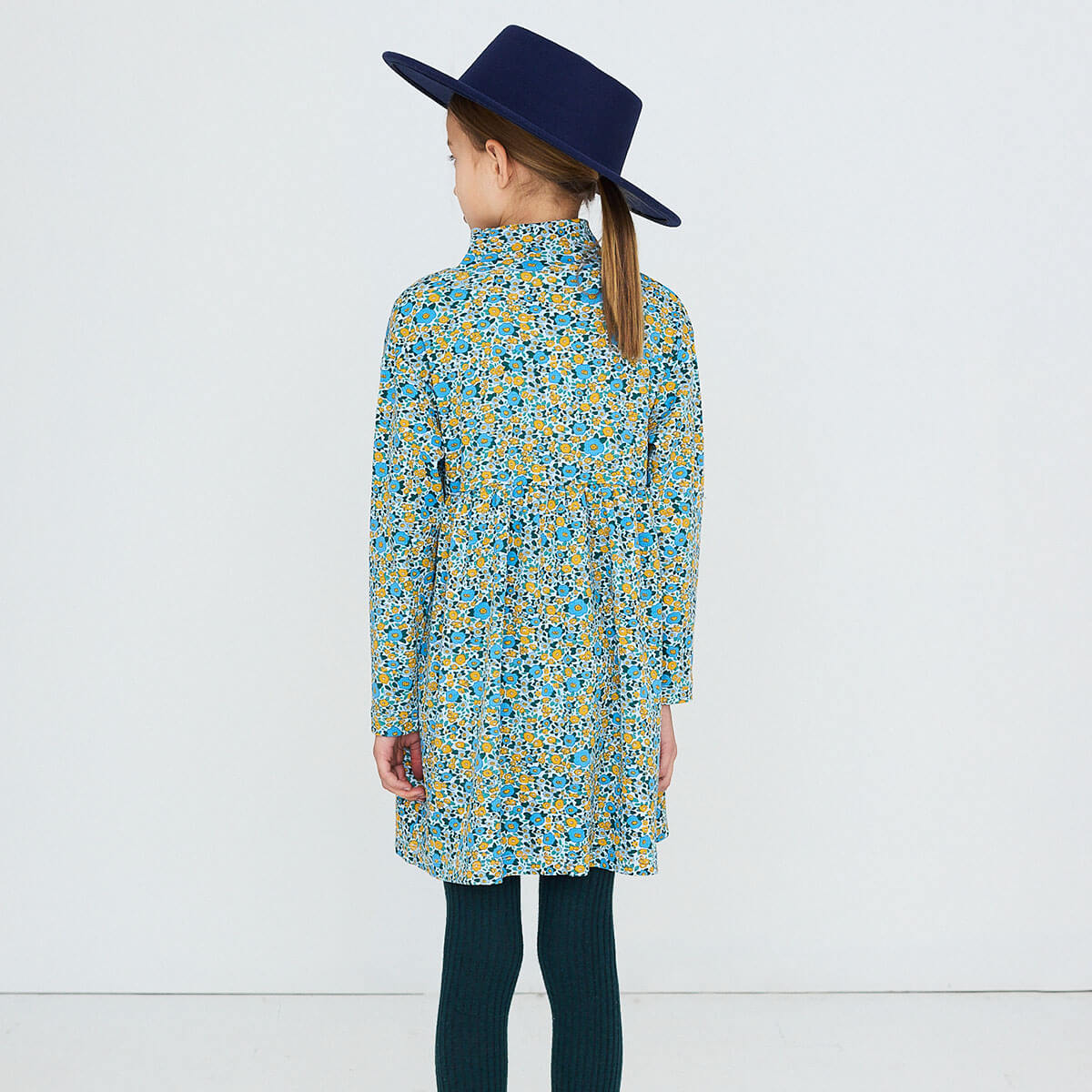 Flower Pattern Rib Mock Neck Dress in Washed Blue by Tinycottons