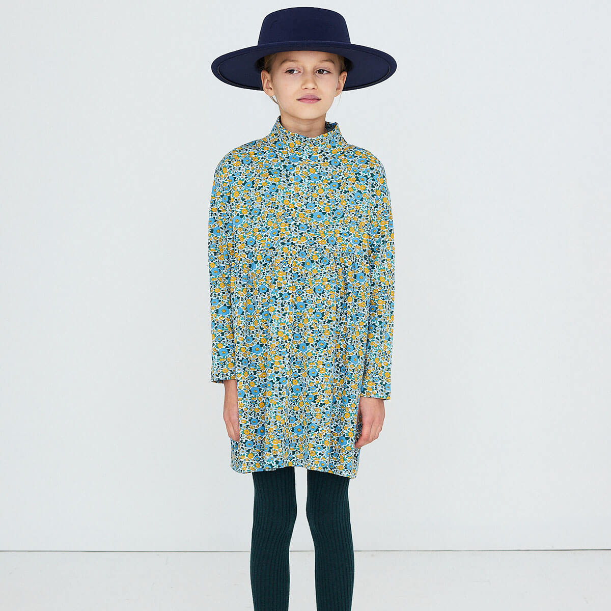 Flower Pattern Rib Mock Neck Dress in Washed Blue by Tinycottons