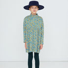 Flower Pattern Rib Mock Neck Dress in Washed Blue by Tinycottons