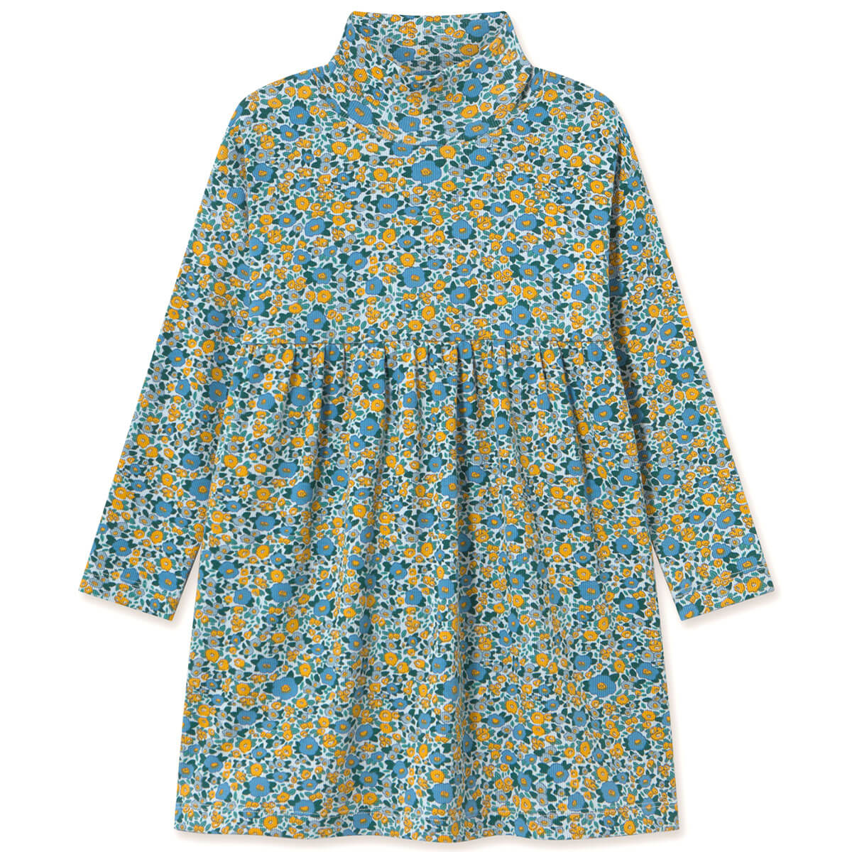 Flower Pattern Rib Mock Neck Dress in Washed Blue by Tinycottons