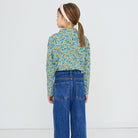 Flower Pattern Rib Mock Neck Tee in Washed Blue by Tinycottons