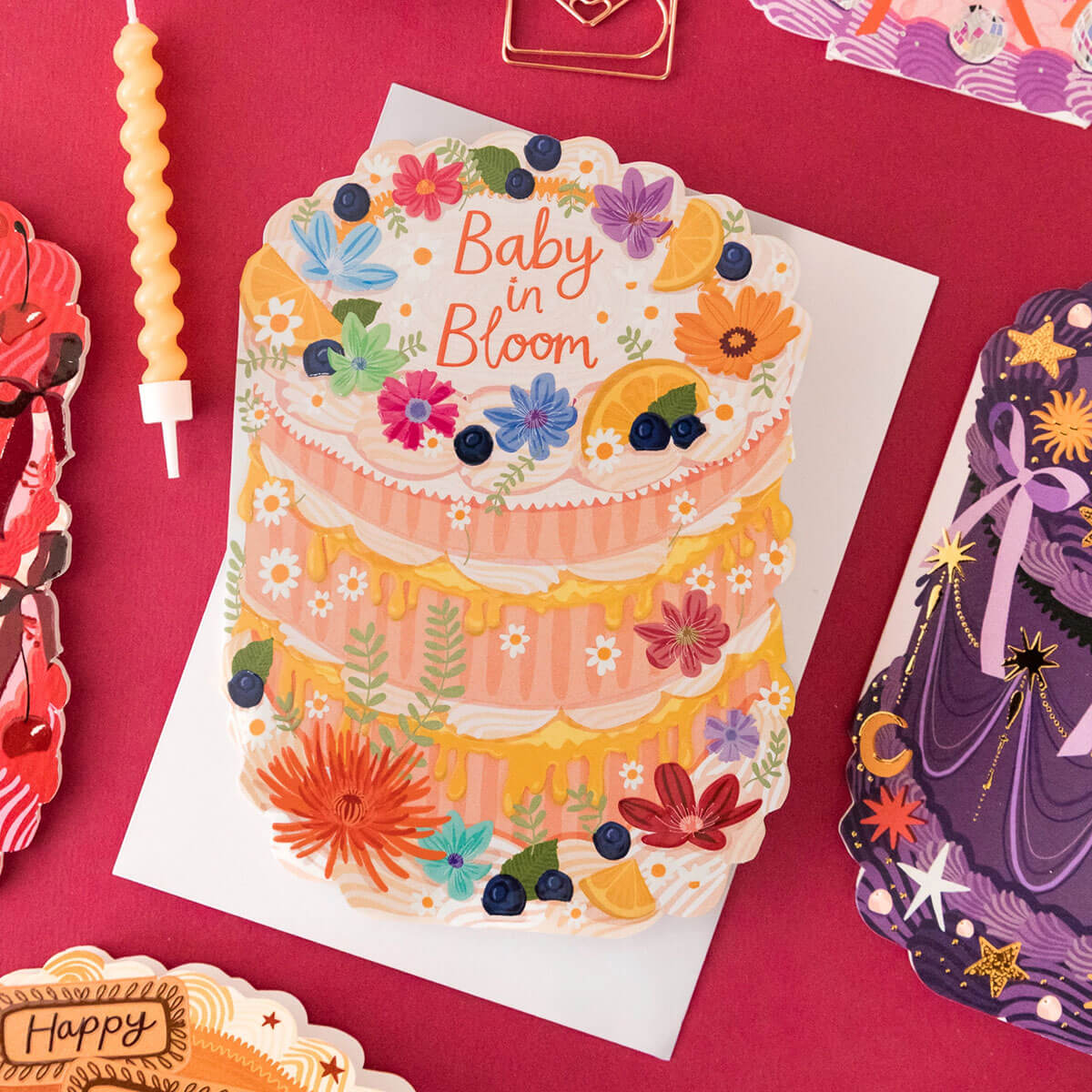 Baby In Bloom Cake Shaped Greetings Card by Two For Joy Illustration