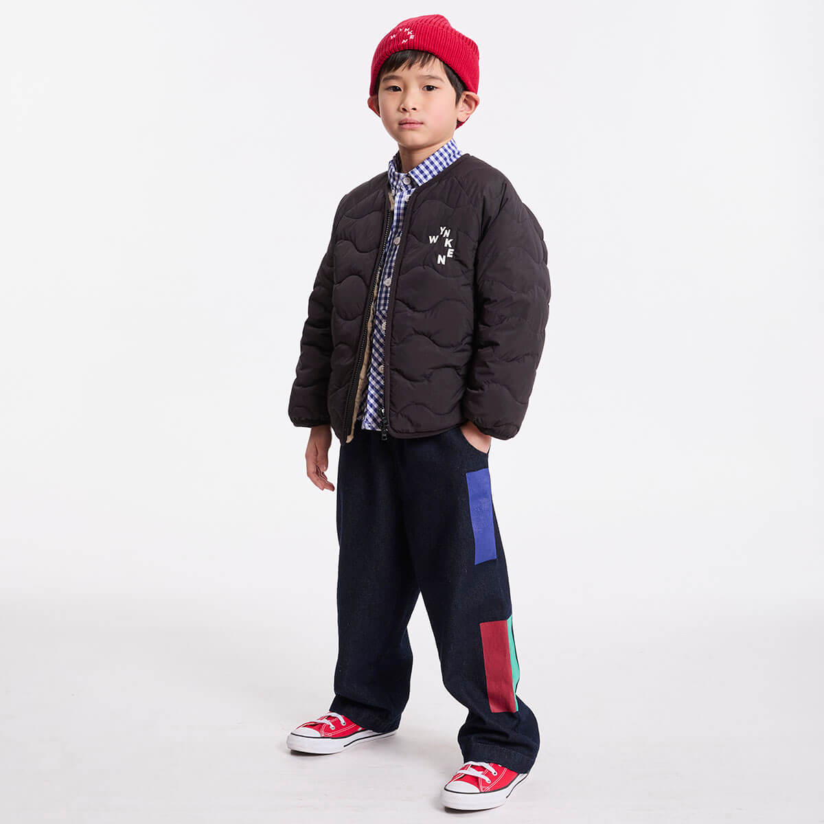Block Pull On Pant in Rinse Denim / Brick Red by Wynken