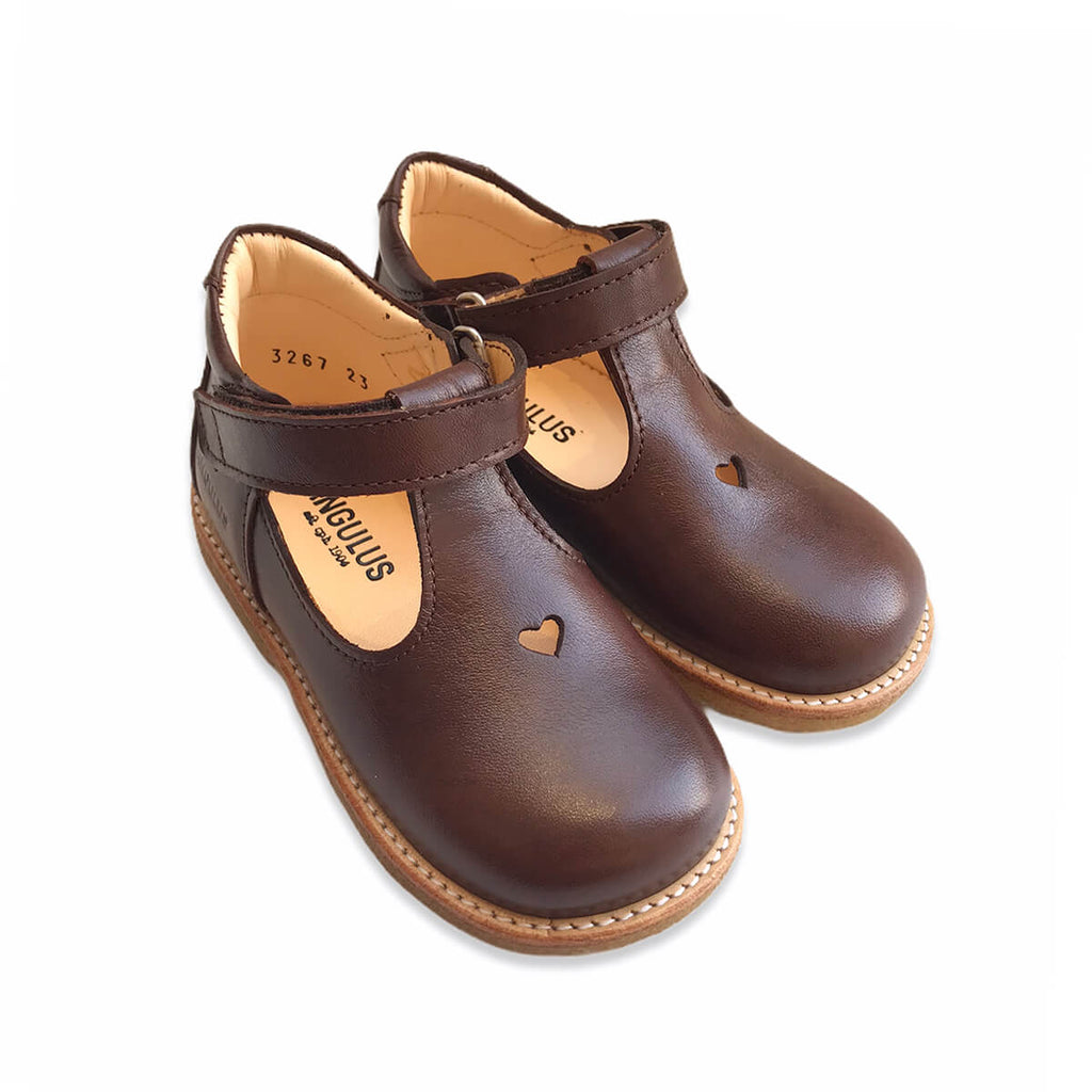 Heart T Bar Starter Mary Janes in Angulus Brown by Angulus