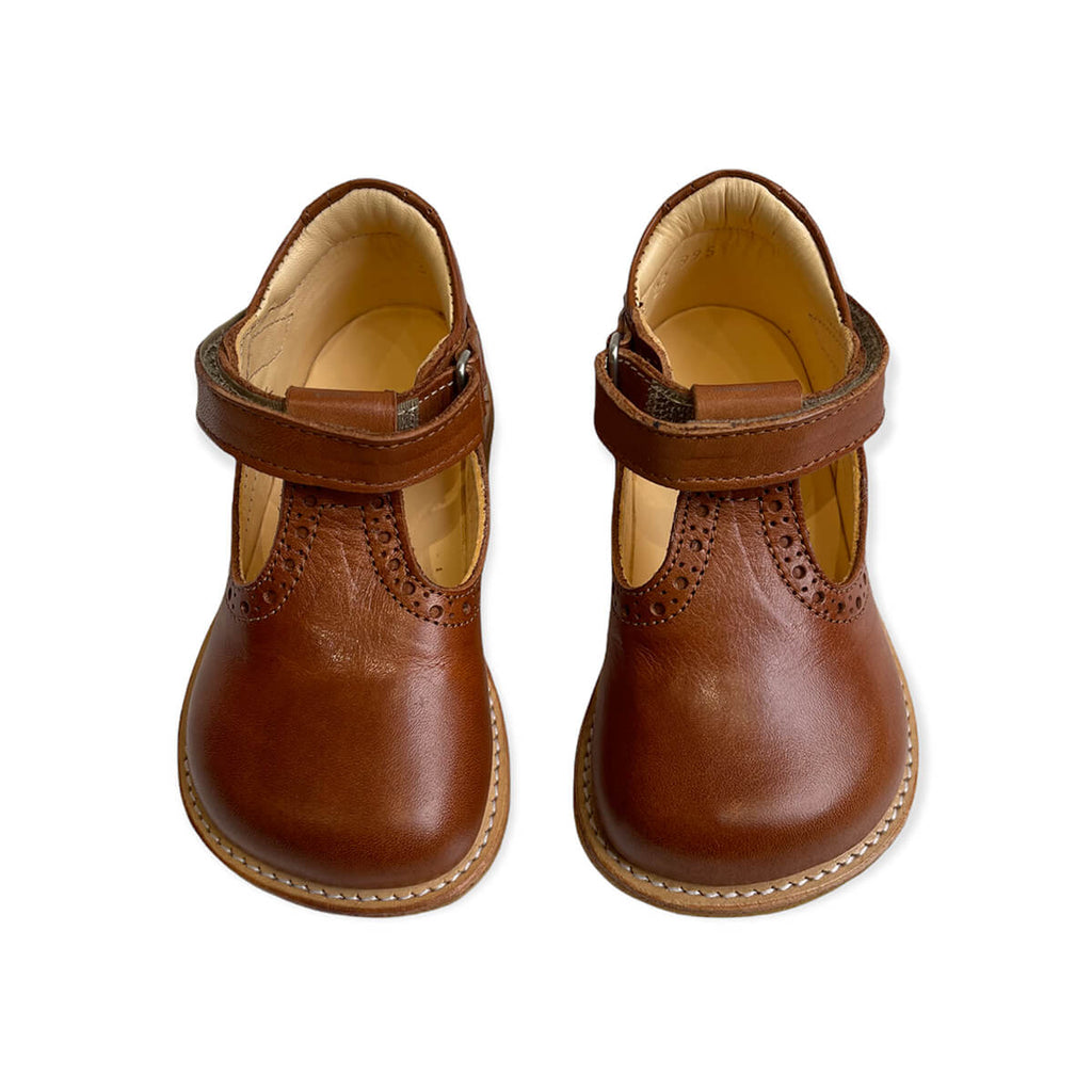 Wide Fit Brogue T Bar Starter Mary Janes in Cognac by Angulus