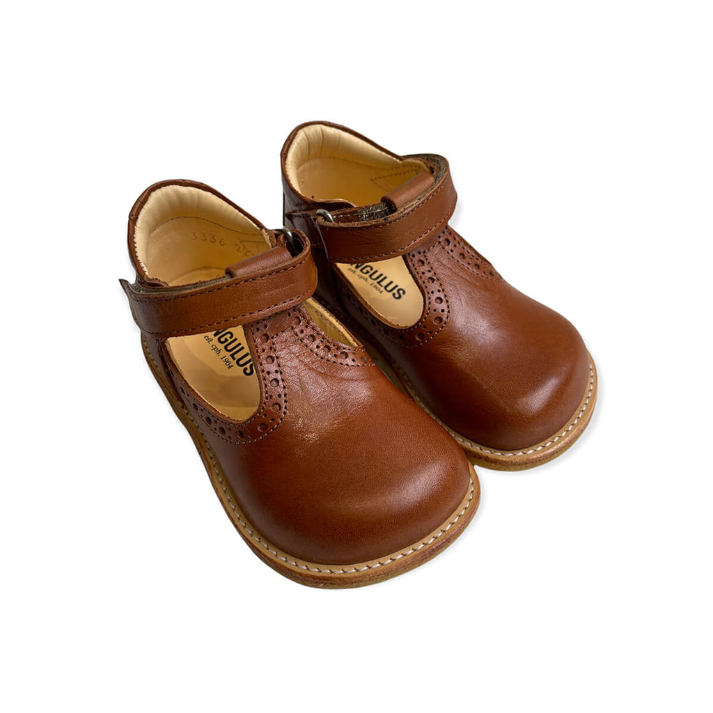 Wide Fit Brogue T Bar Starter Mary Janes in Cognac by Angulus