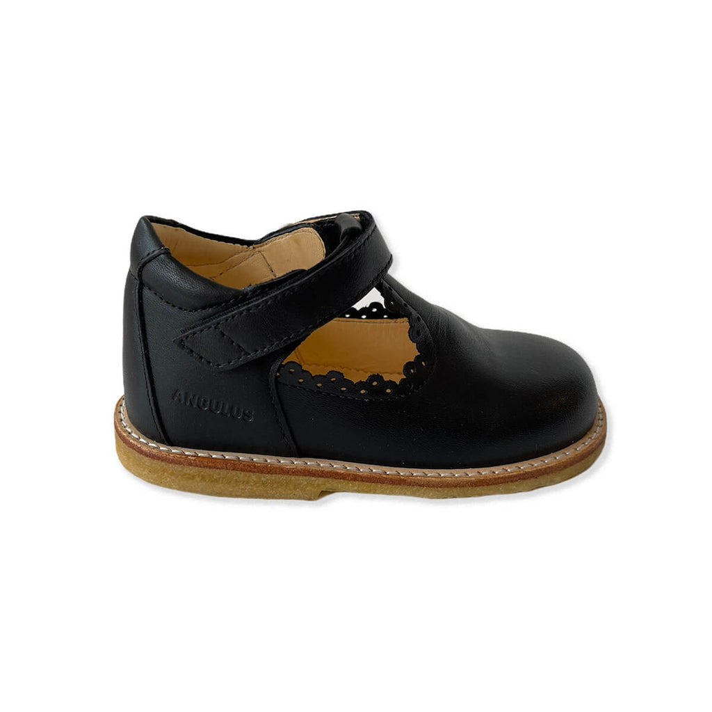 Scallop T Bar Starter Mary Janes in Black by Angulus
