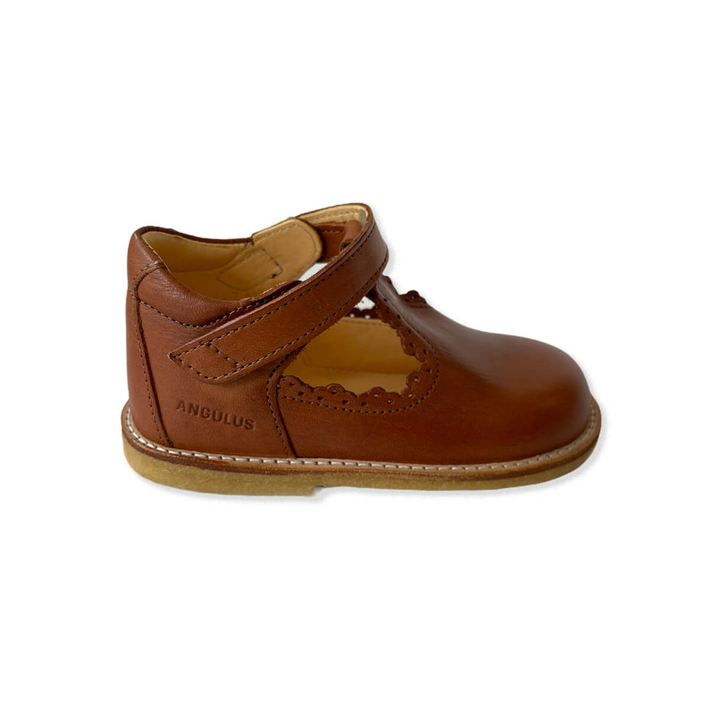 Scallop T Bar Starter Mary Janes in Cognac by Angulus