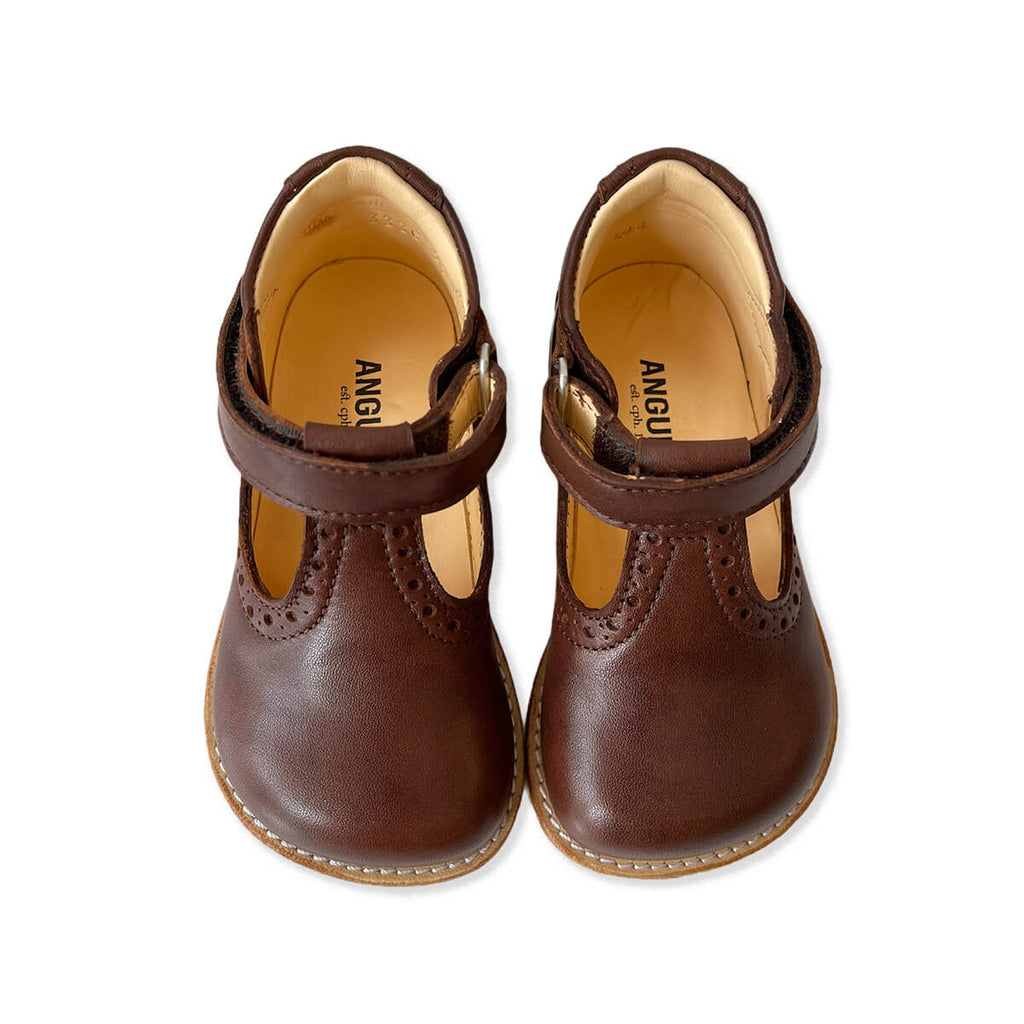 Wide Fit Brogue T Bar Starter Mary Janes in Angulus Brown by Angulus
