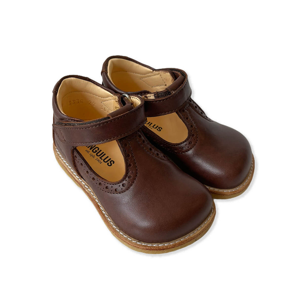 Wide Fit Brogue T Bar Starter Mary Janes in Angulus Brown by Angulus