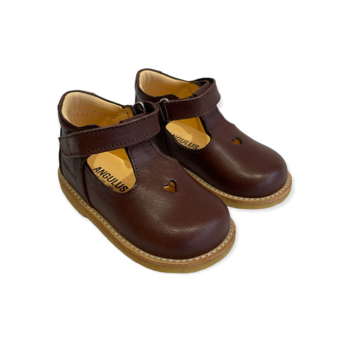 Heart T Bar Starter Mary Janes in Angulus Brown by Angulus Junior Edition