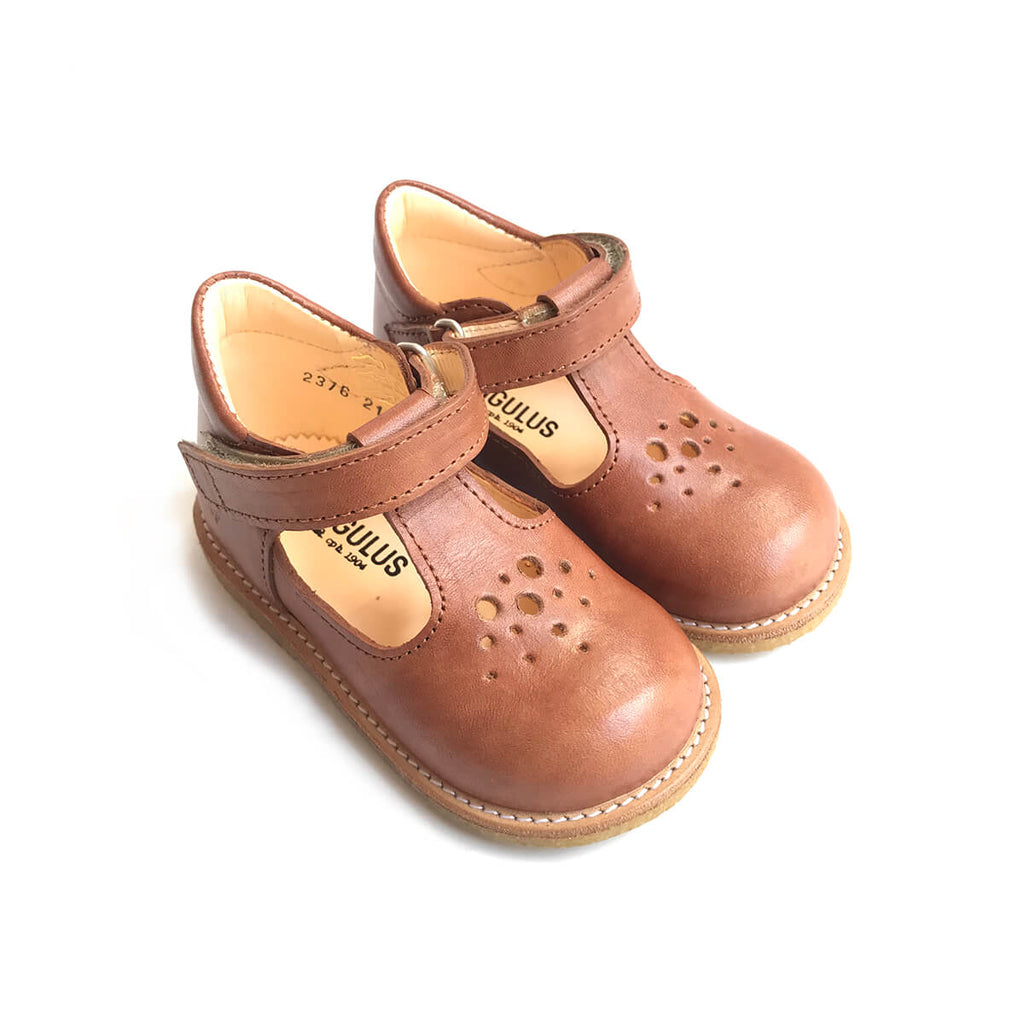 Dot T Bar Starter Mary Janes in Tan by Angulus