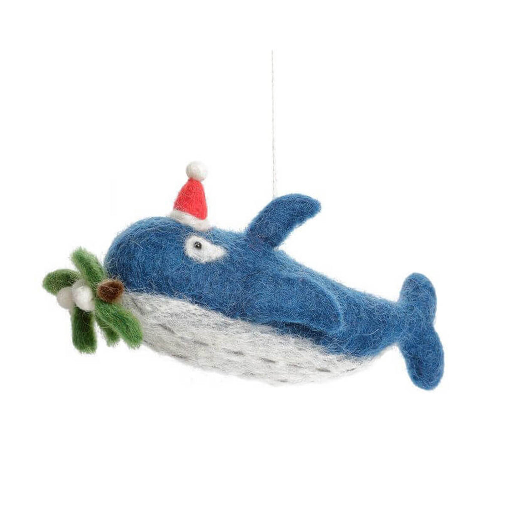 Blue Whale With Mistoletoe Sprig Hanging Christmas Decoration by Amica