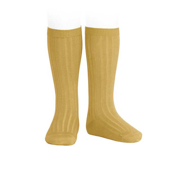 Wide Ribbed Cotton Knee Socks in Curry by Cóndor