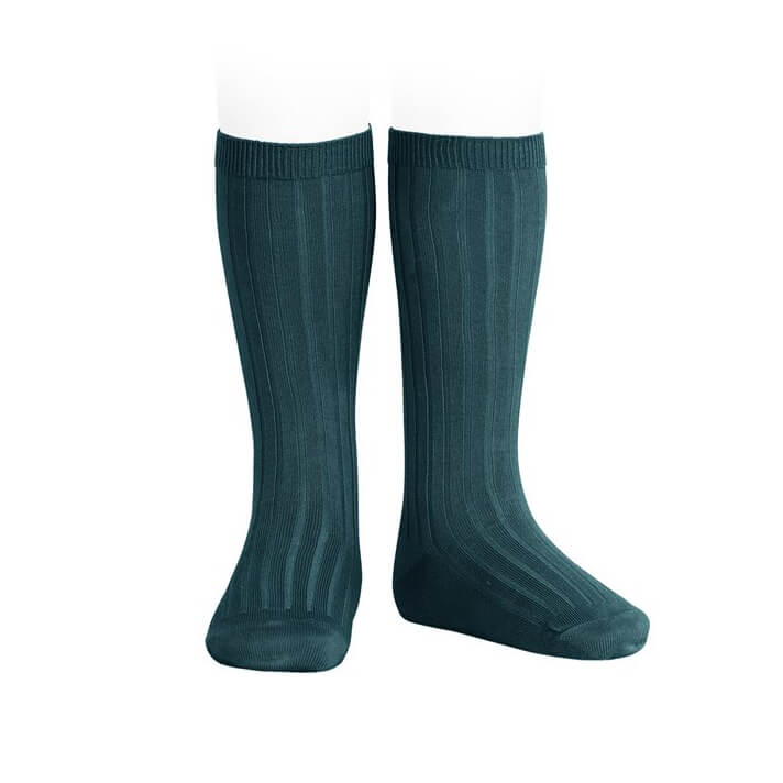 Wide Ribbed Cotton Knee Socks in Petrol by Cóndor