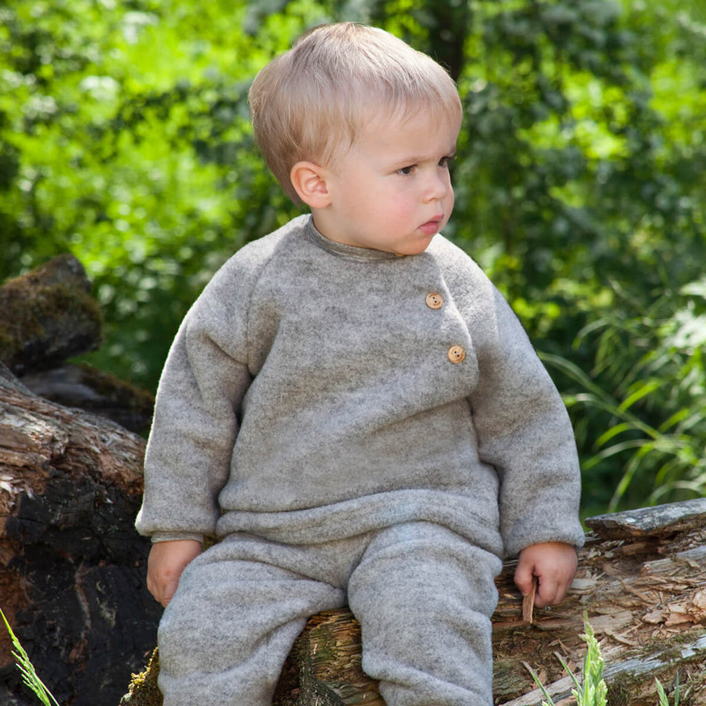 Wool Fleece Raglan Baby Sweater with Wooden Shoulder Buttons in Light Grey Melange by Engel