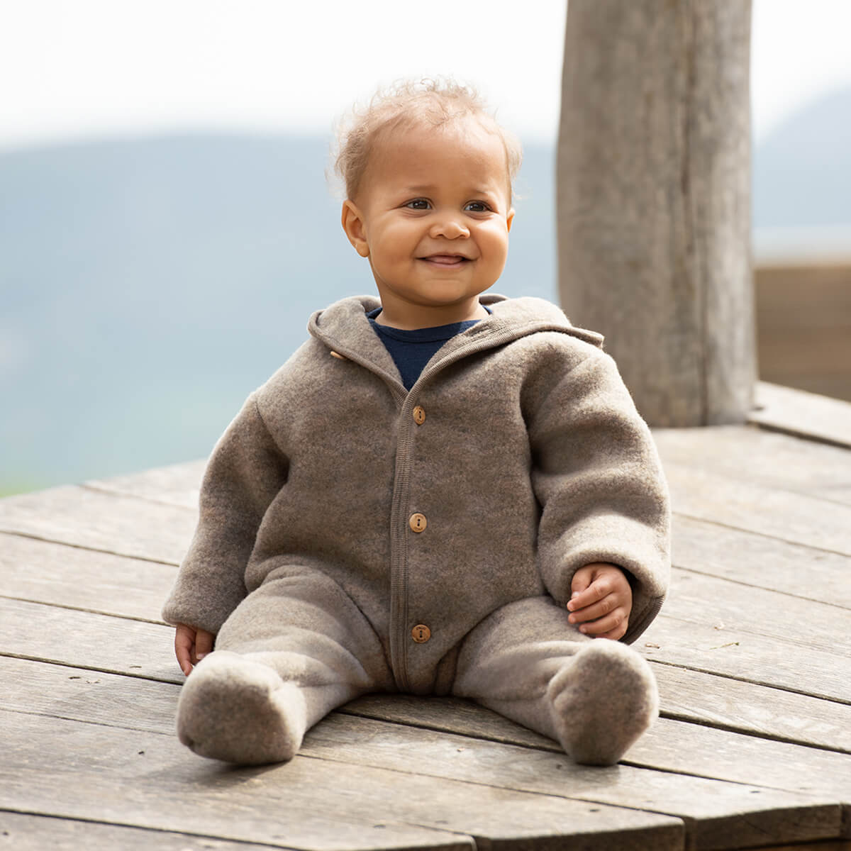 Wool Fleece Hooded Baby Overall with Buttons in Walnut Melange by Engel