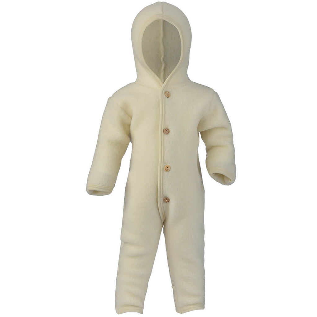 Wool Fleece Hooded Baby Overall with Buttons in Natural by Engel