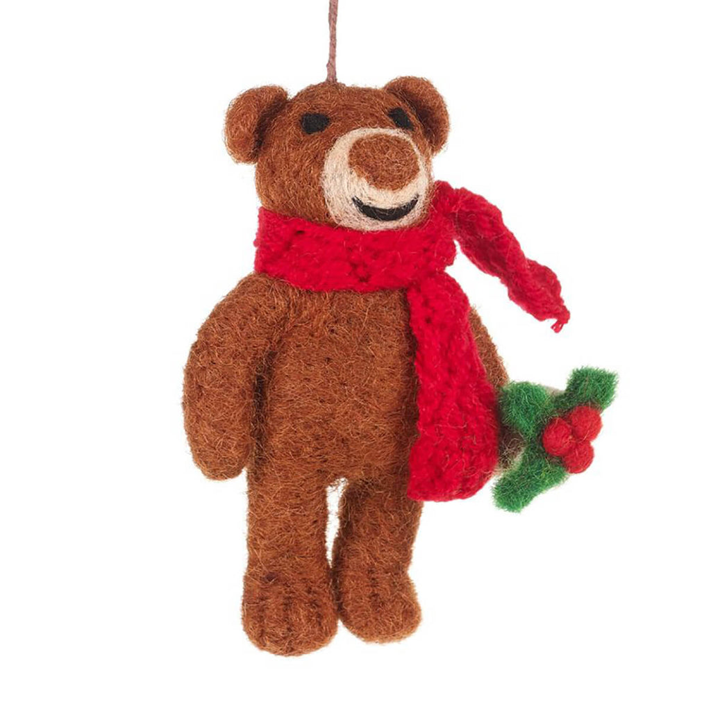 Bear With Knitted Scarf And Holly Christmas Tree Decoration by Felt So Good