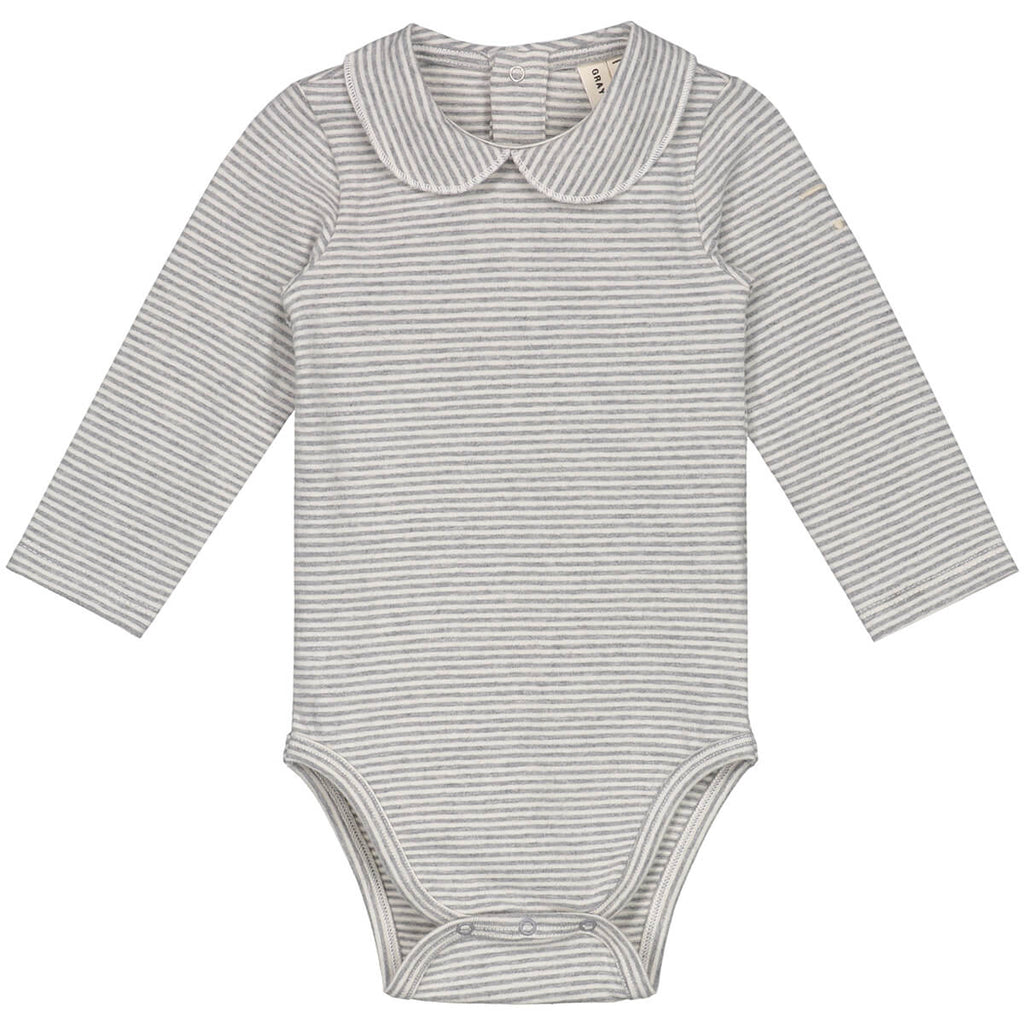 Striped Baby Bodysuit with Collar in Grey Melange by Gray Label