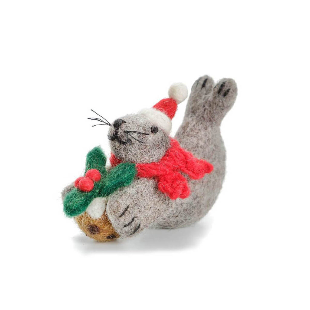 Grey Seal With Christmas Pudding Felt Hanging Tree Decoration by Amica