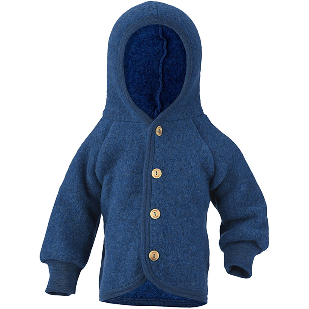 Wool Fleece Hooded Baby Jacket with Wooden Buttons in Blue Melange by Engel