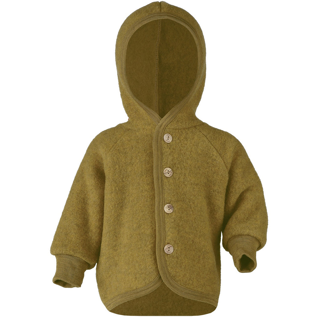 Wool Fleece Hooded Baby Jacket with Wooden Buttons in Saffron Melange by Engel
