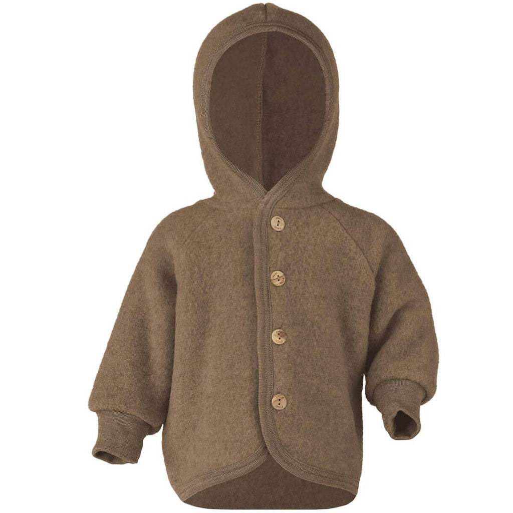 Wool Fleece Hooded Baby Jacket with Wooden Buttons in Walnut by Engel