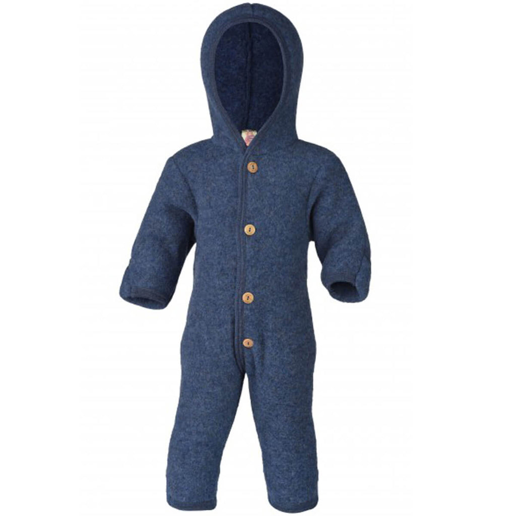 Wool Fleece Hooded Baby Overall with Buttons in Blue Melange by Engel