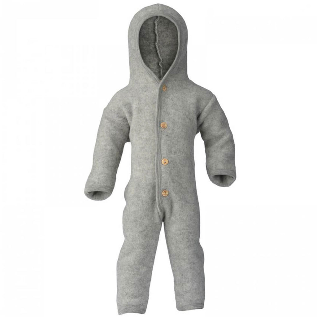 Wool Fleece Hooded Baby Overall with Buttons in Light Grey Melange by Engel