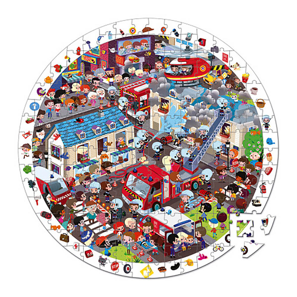 Firemen 208 Piece Round Observational Jigsaw Puzzle In Carry Case by Janod