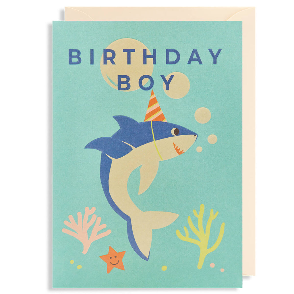 Birthday Boy Shark Greetings Card by Naomi Wilkinson for Lagom Design