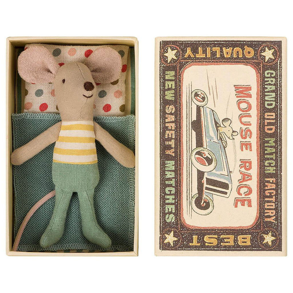 Little Brother Mouse in a Matchbox (Yellow Striped Vest and Jeans) by Maileg