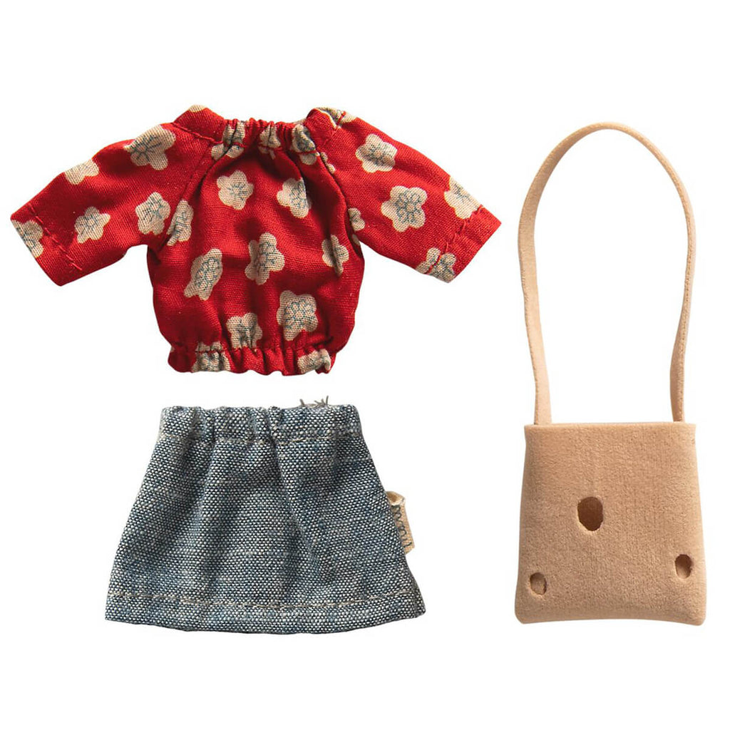 Red Floral Shirt and Blue Skirt with Cheese Bag Outfit For Mum Mouse by Maileg