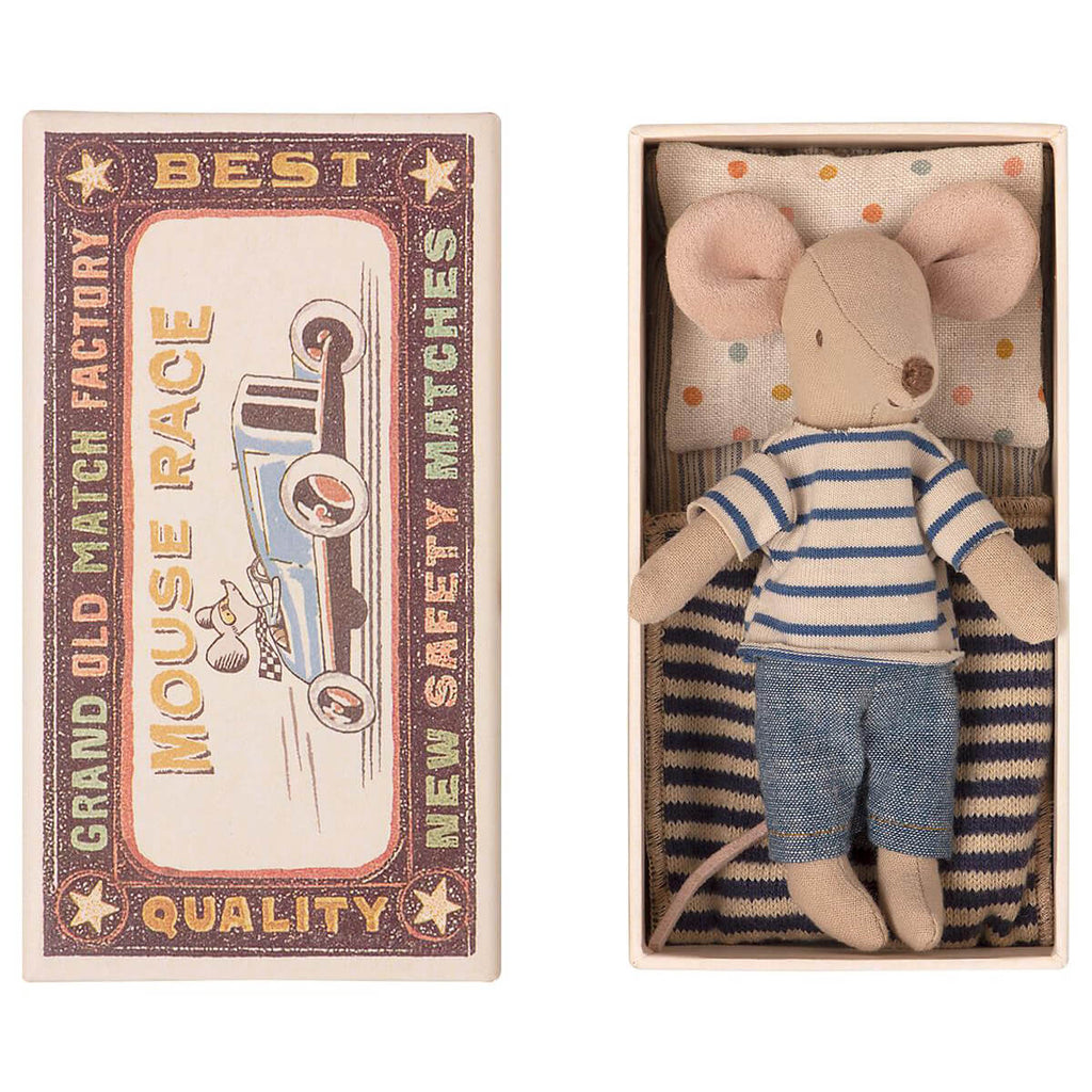 Big Brother Mouse in a Matchbox (Blue Striped Tee) by Maileg