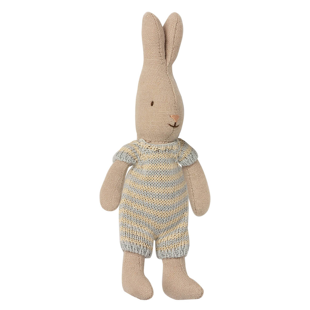 Micro Bunny in a Sky Blue / Sand Knitted Striped Suit by Maileg
