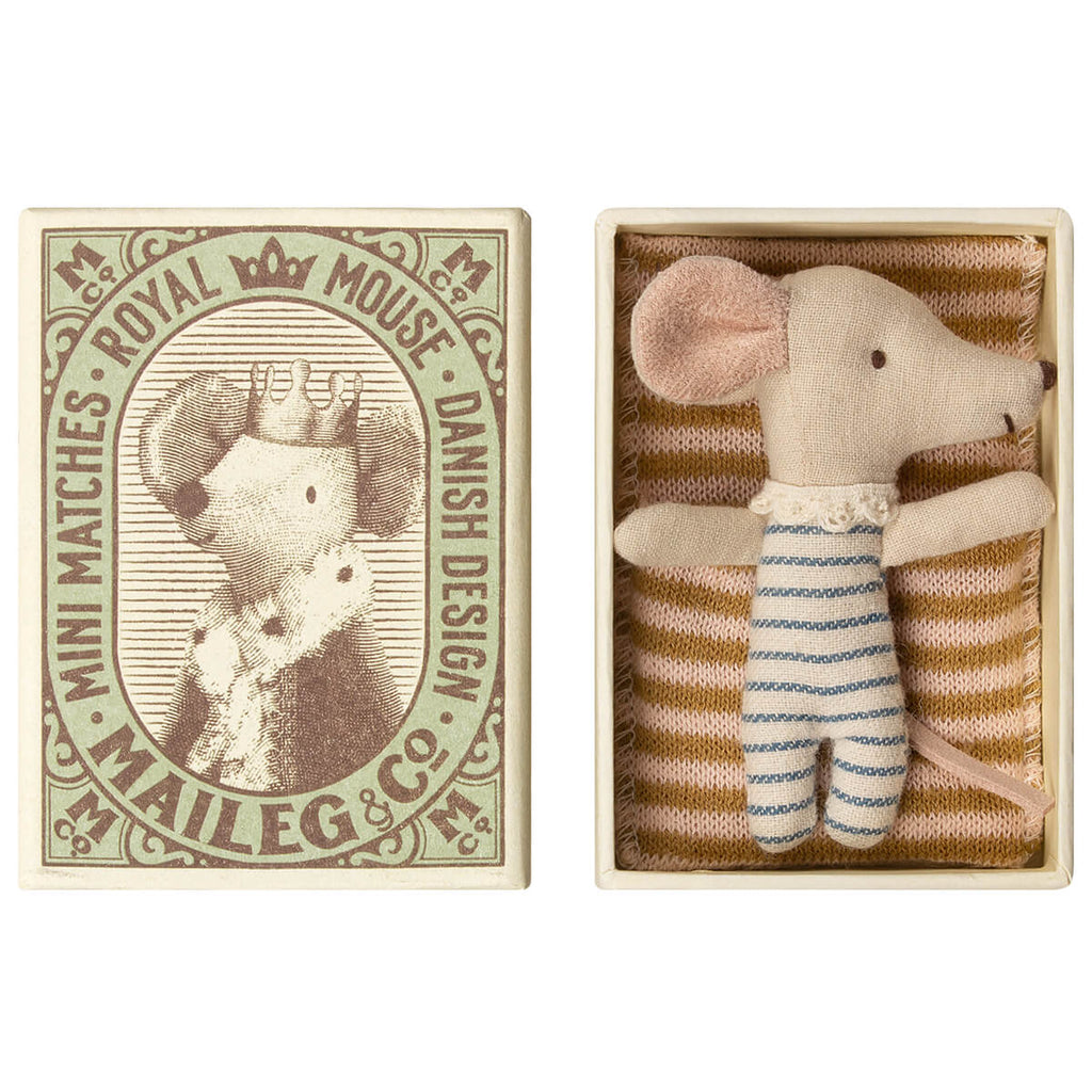 Sleepy / Wakey Baby Mouse in a Matchbox (Boy Lace Collar) by Maileg